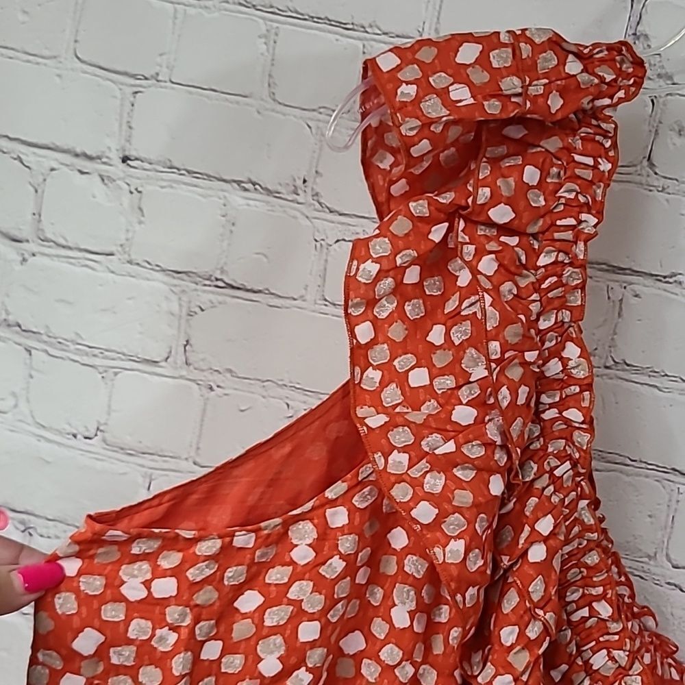 Lane Bryant One Shoulder Dress 26W Orange Confetti Ruffle Plus Size Midi Outfit - Picture 4 of 10